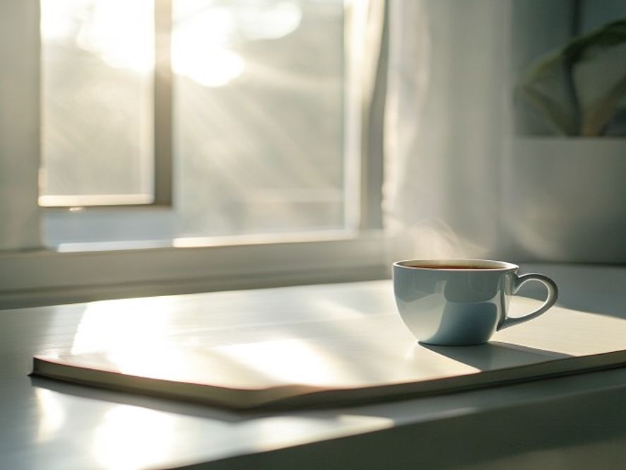 Solskur gennem vindue på morgenen med kaffekopp på bord