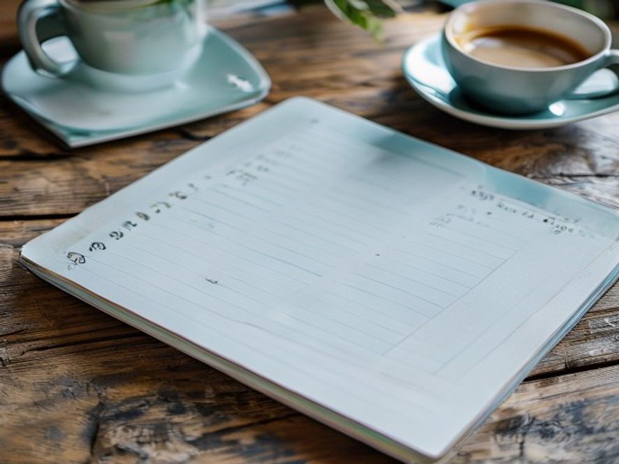 Notesbog med systematisk layout på skrivebord med kaffekopp og minimalistisk dekoration